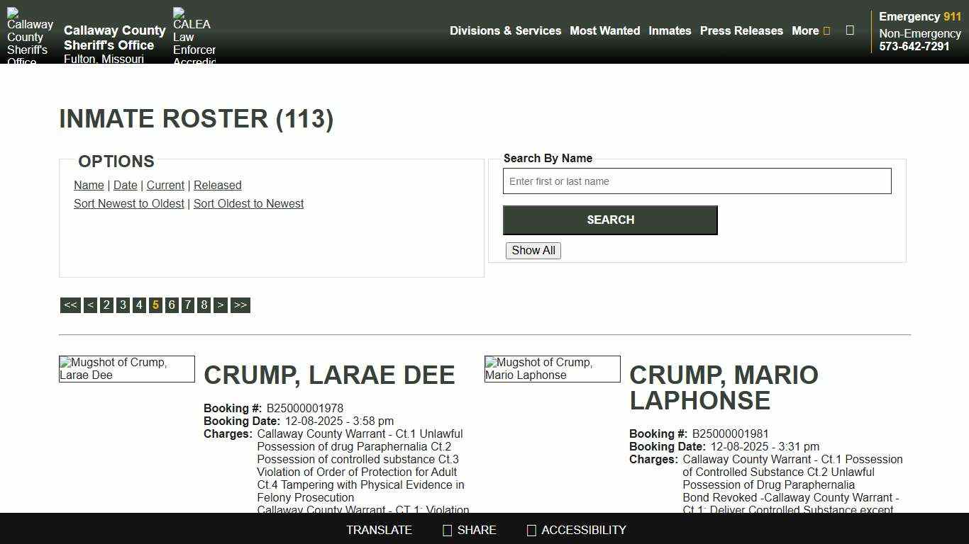 Inmate Roster - Page 5 Current Inmates Booking Date Descending - Callaway County Sheriff's Office, Missouri
